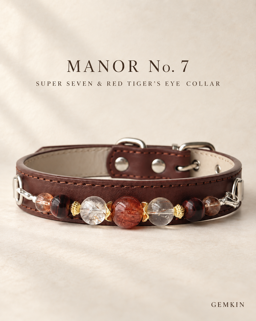MANOR No. 7 — Super Seven & Red Tiger’s Eye Leather Dog Collar