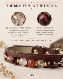 Black-gold Super Seven and red tiger’s-eye details on GEMKIN MANOR No. 7 collar