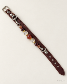 Expanded deep brown leather collar with hand-assembled crystal bead strand