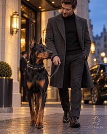Man walking a Doberman wearing OBSIDIAN ROYALE pet collar