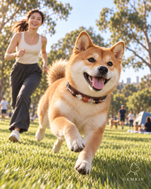 Shiba Inu running on a community lawn wearing GEMKIN MANOR No. 7 collar