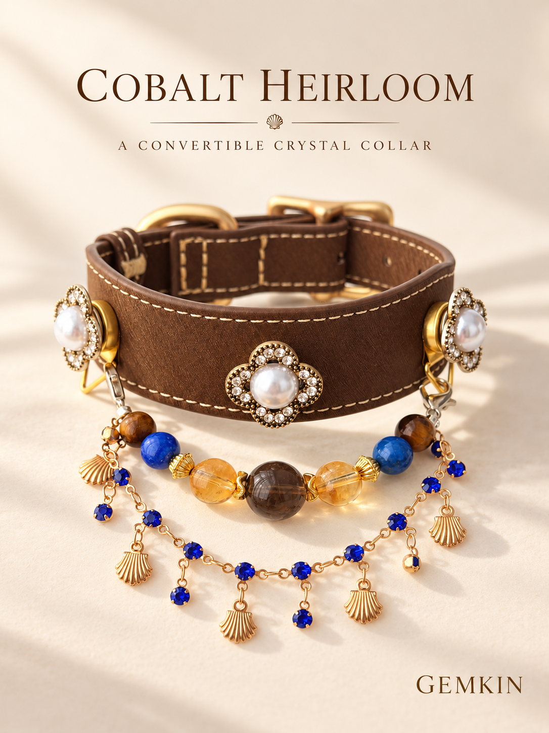 GEMKIN Cobalt Heirloom crystal chain collar in cocoa brown leather