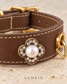 Pearl-flower detail and cocoa brown leather on the GEMKIN Cobalt Heirloom collar