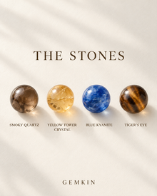 Smoky quartz, yellow tower crystal, blue kyanite and tiger's eye used in Cobalt Heirloom