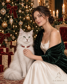 EMBER & IVORY worn by a cat in a Christmas campaign setting