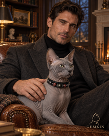 OBSIDIAN ROYALE collar worn by a Sphynx cat with a man in a library